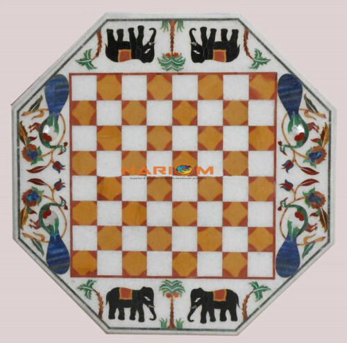24" White Marble Designer Chess Table Set Multi Stone Mosaic Elephant Decor Game - Picture 1 of 5