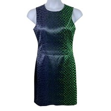 Elie Tahari Size 8 Sheath Dress Green Blue Striped Sleeveless Knee Length Womens