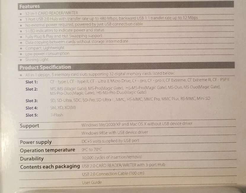 Combo lector/escritor de tarjetas y concentrador USB 2.0 nuevo en paquete Foto 3 de 3