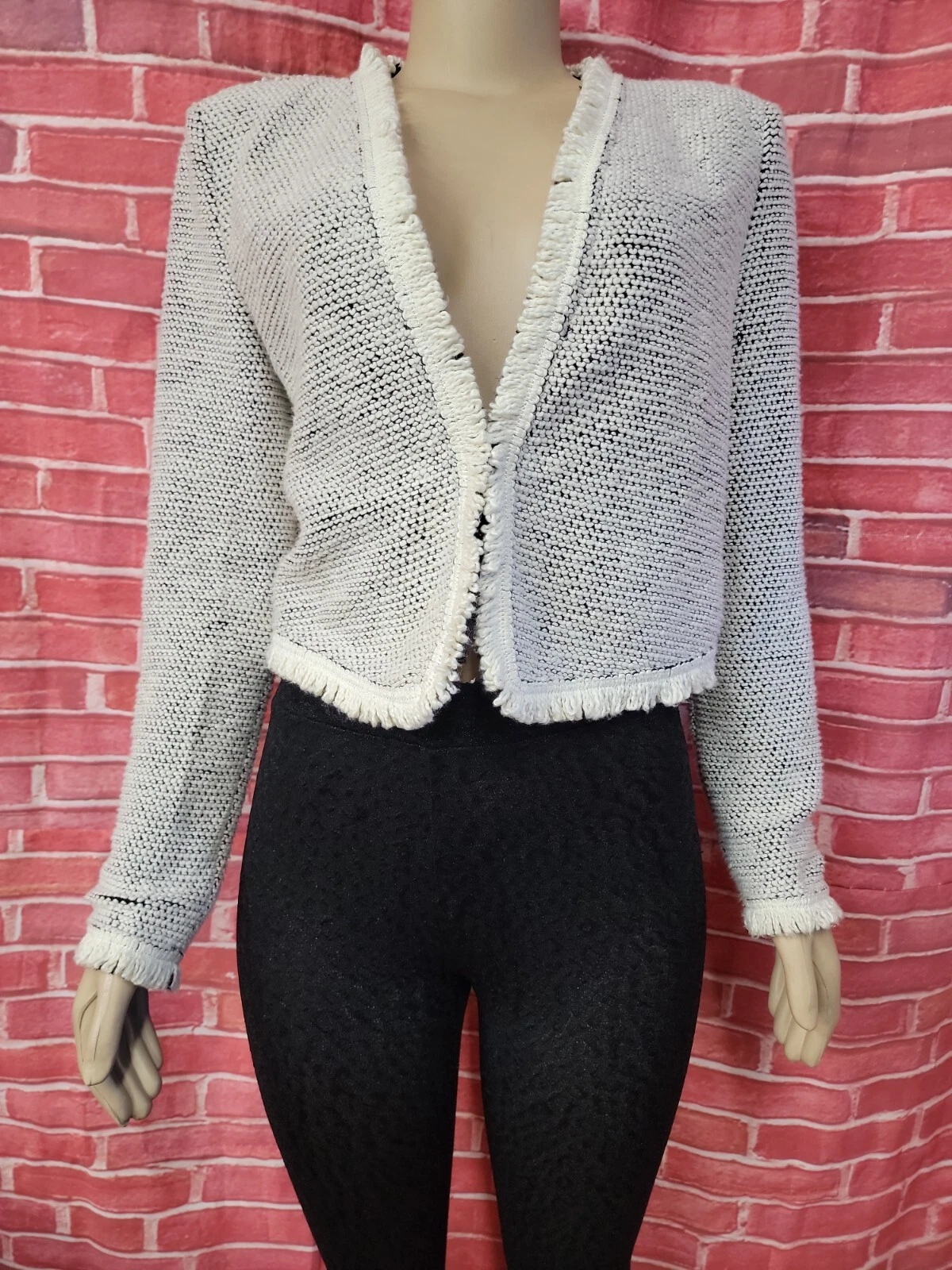 OFF WHITE Giacca donna Bagatelle Collection panna tweed frange cropped bordate XS #04