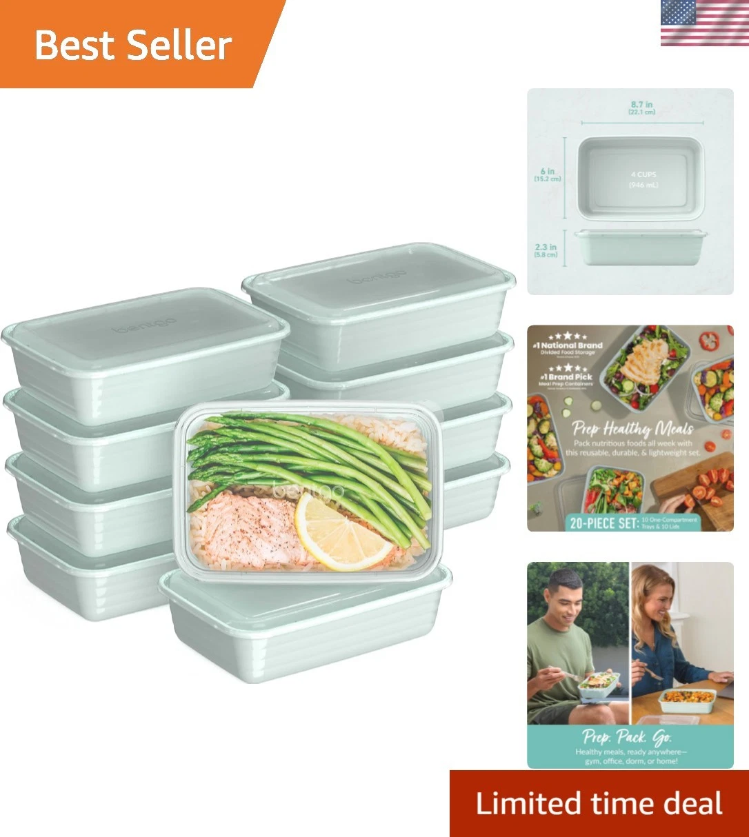 Prep - 20-Piece 1-Compartment Reusable Meal Prep Containers with Lids, PFAS &...