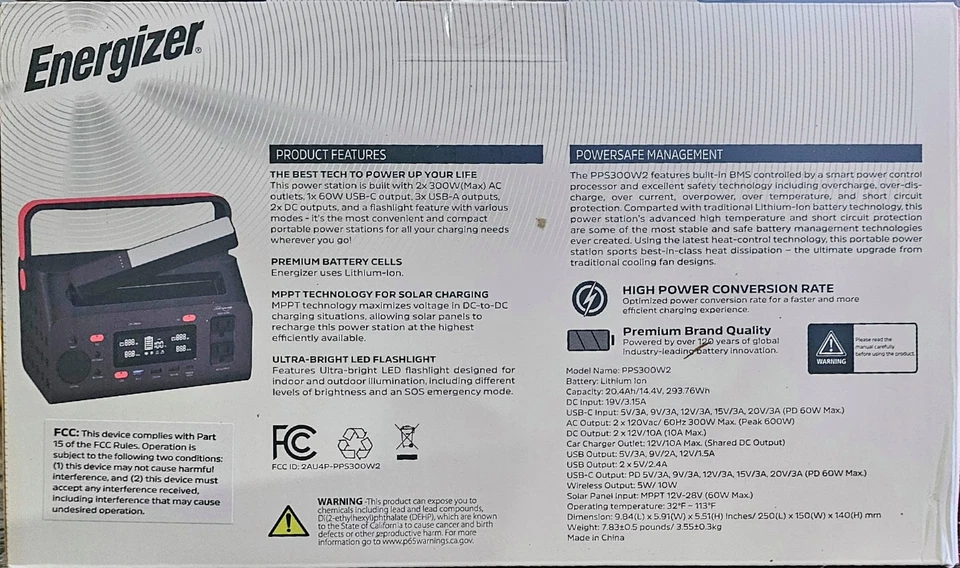 ENERGIZER 300W Portable Power Station w/Flashlight, Carrying Case PPS300W2 - NEW - Image 4 of 4