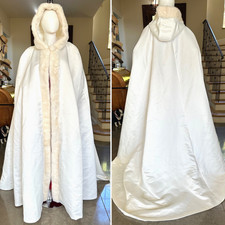 Victor Costa for I. Magnin White Satin Mink Trim Opera Coat with Train and Hood