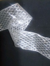By The Yard - 1.5" Silver Diamond Grid Glitter Wired Edge Ribbon