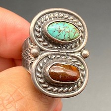 Vintage Mexico Turquoise Stampwork Silver Ring Size 6
