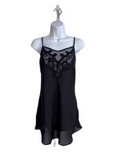 Vtg Victoria  s Secret Collection Black Satin Chemise With Lace Size Medium