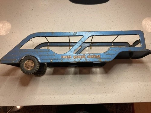 1959 Tonka Toy Marine Service Boat Trailer/Boat Carrier Blue. Played with.