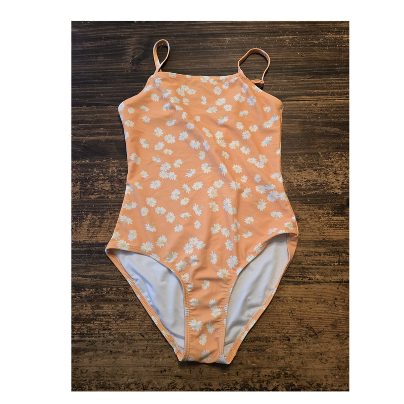 Old Navy Girls L (10/12) One-Piece Swimsuit Orange/White Floral Flower