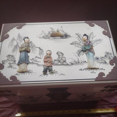 Vintage Japan Japanese Jewelry Box Mother Pearl Shell Geishas 3 Drawers W/ Lock