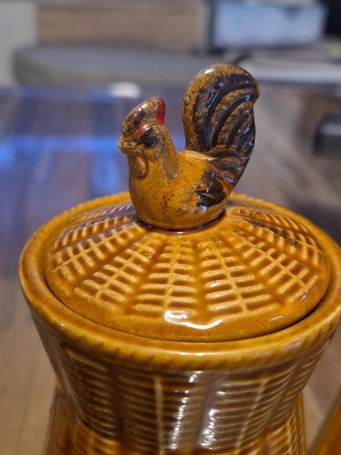Vtg. Japanese Ceramic Basketweave Rooster Theme Coffee Pot - Picture 2 of 16