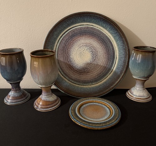 Bill Campbell Art Glaze Drip Pottery Lot Wine Goblets Dinner Plate Dish