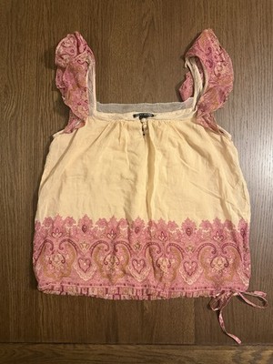Lucky Brand Cream Blouse with Pink Paisley Border & Ruffle Strap Sleeves
