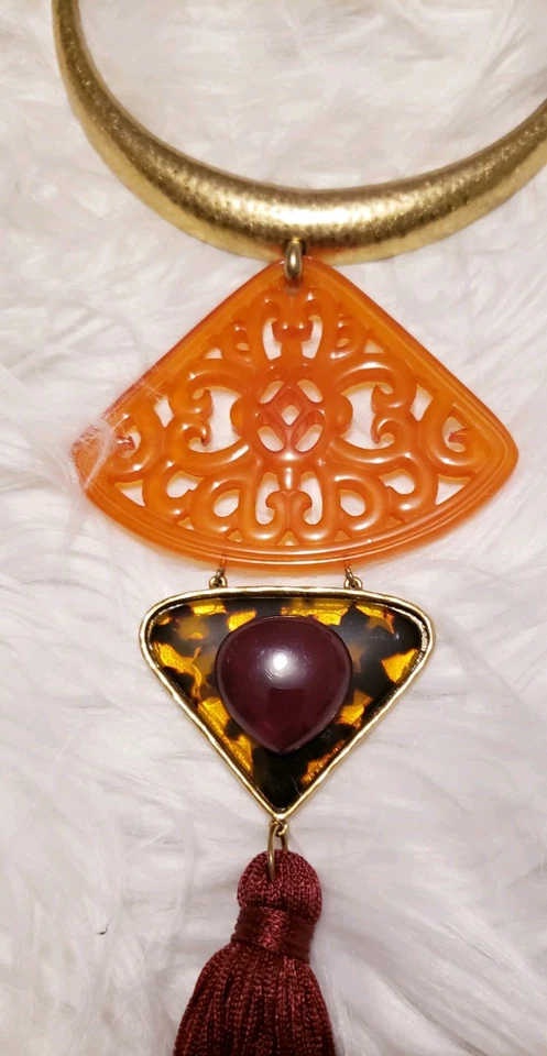 Chico's Statement 18 Inch Burgundy Tassel Necklace W/ Orange & Cheetah Pendants - Image 3 of 4