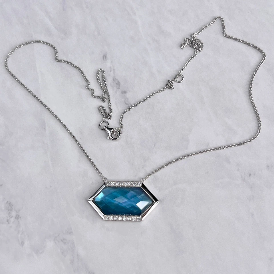 Doves by Doron Paloma Retired 18K White Gold Blue Topaz MOP Necklace Earring Set - Image 4 of 4