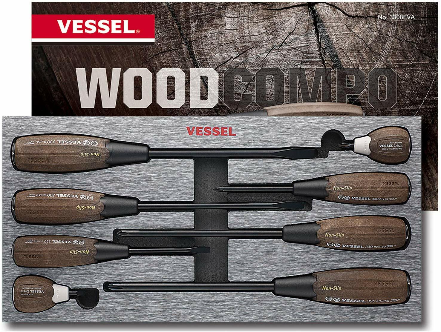 Vessel 3308EVA WOOD-COMPO Non-Slip Tang-Thru Screwdriver 8 Pcs Set
