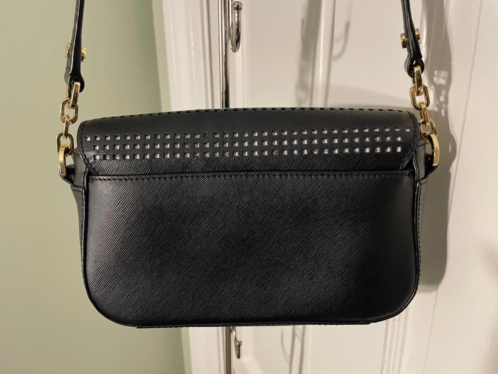 Tory Burch Black Saffiano Leather Perforated Front Flap Shoulder Bag Purse