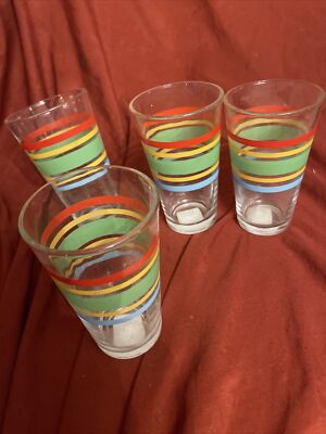 Royal Norfolk Rainbow Style Glass Tumblers Colored Rings 16.2 oz. 4 Pieces New