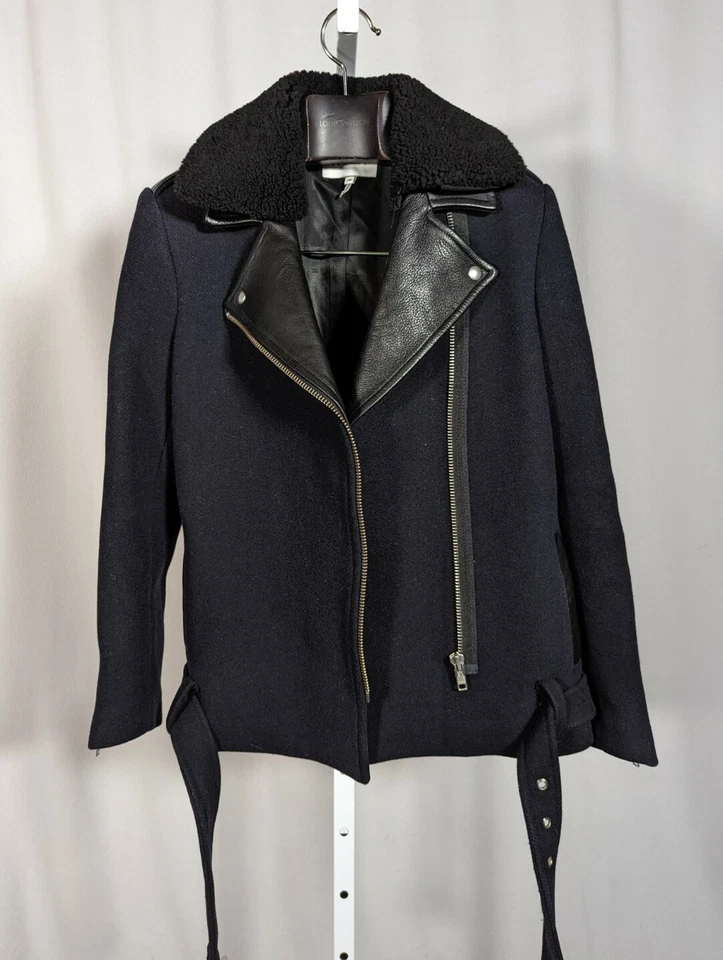 Chaqueta de moto Sandro otoño 2013 cuero oveja cuello piel lana 38 Francia Foto 4 de 4