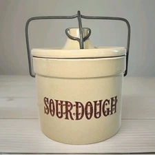 Vintage Stoneware Beige & Brown Sourdough Starter Crock Flip Bail Lid  6x5.5" 》 