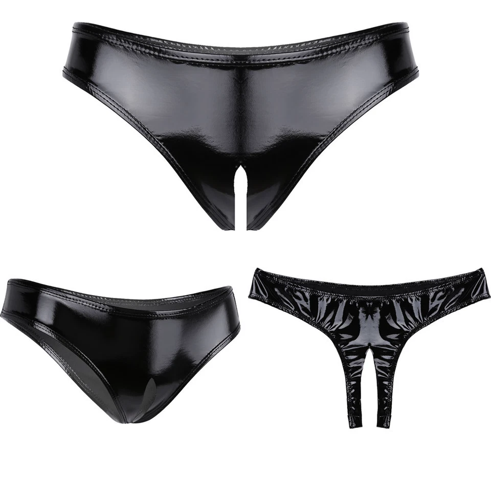 DE Damen Wetlook Ouvertslip Kunstleder Schritt offen Strings Slip Panty Hotpants - Bild 2 von 4
