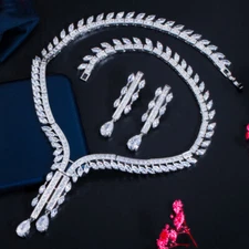 Silver Plated Cubic Zirconia Droplets Long Leaf Necklace Earrings Jewellery Set