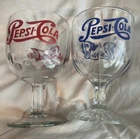 Vintage PEPSI & COKE COLA Glasses Pedestal Goblet Thumbprint Red Blue Letters