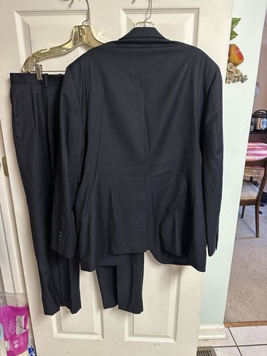 Tasso Elba Wool Men 42r Black Striped 2PC Suit Pleated Pants 39x29 Macys Jacket - Picture 5 of 16