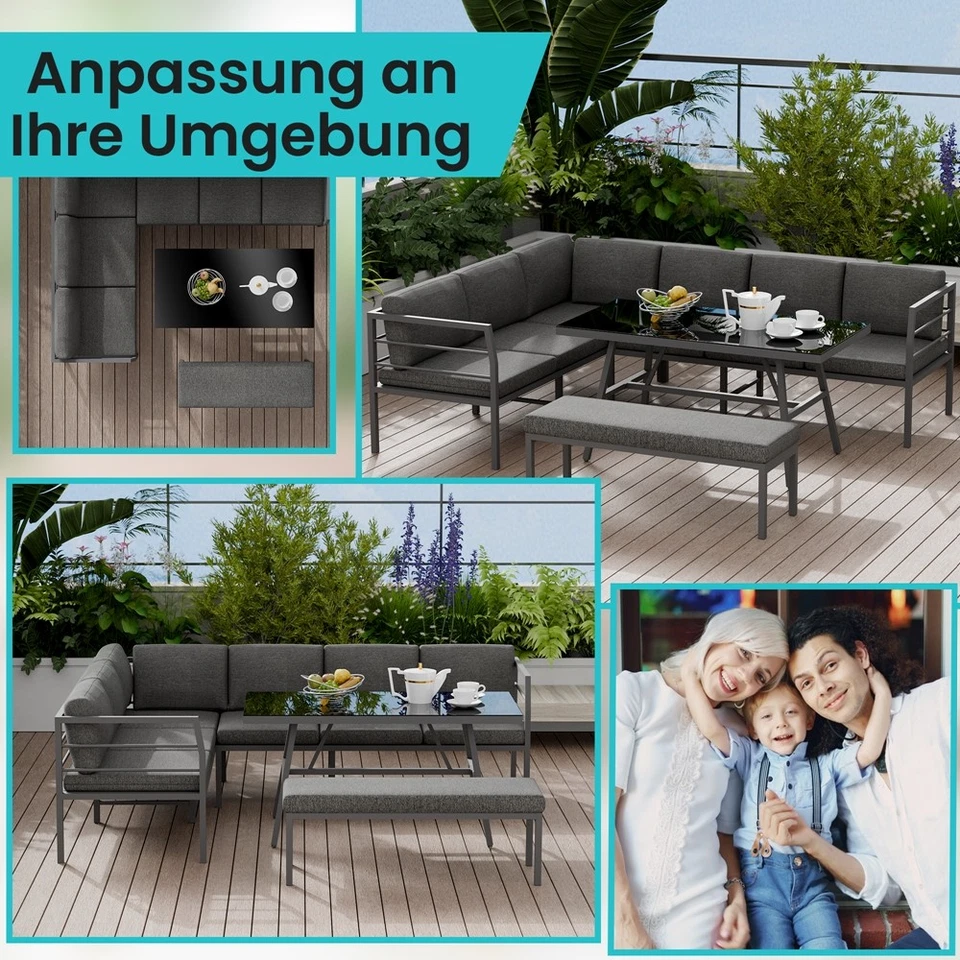 Essgruppe Aluminium Lounge Ecksofa mit Sitzbank Grau Tisch wetterfest - Bild 4 von 4