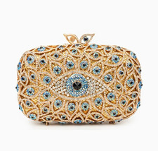 Gold & Blue Rhinestone Evil Eye Clutch Evening Bag, Jeweled Eye Motif