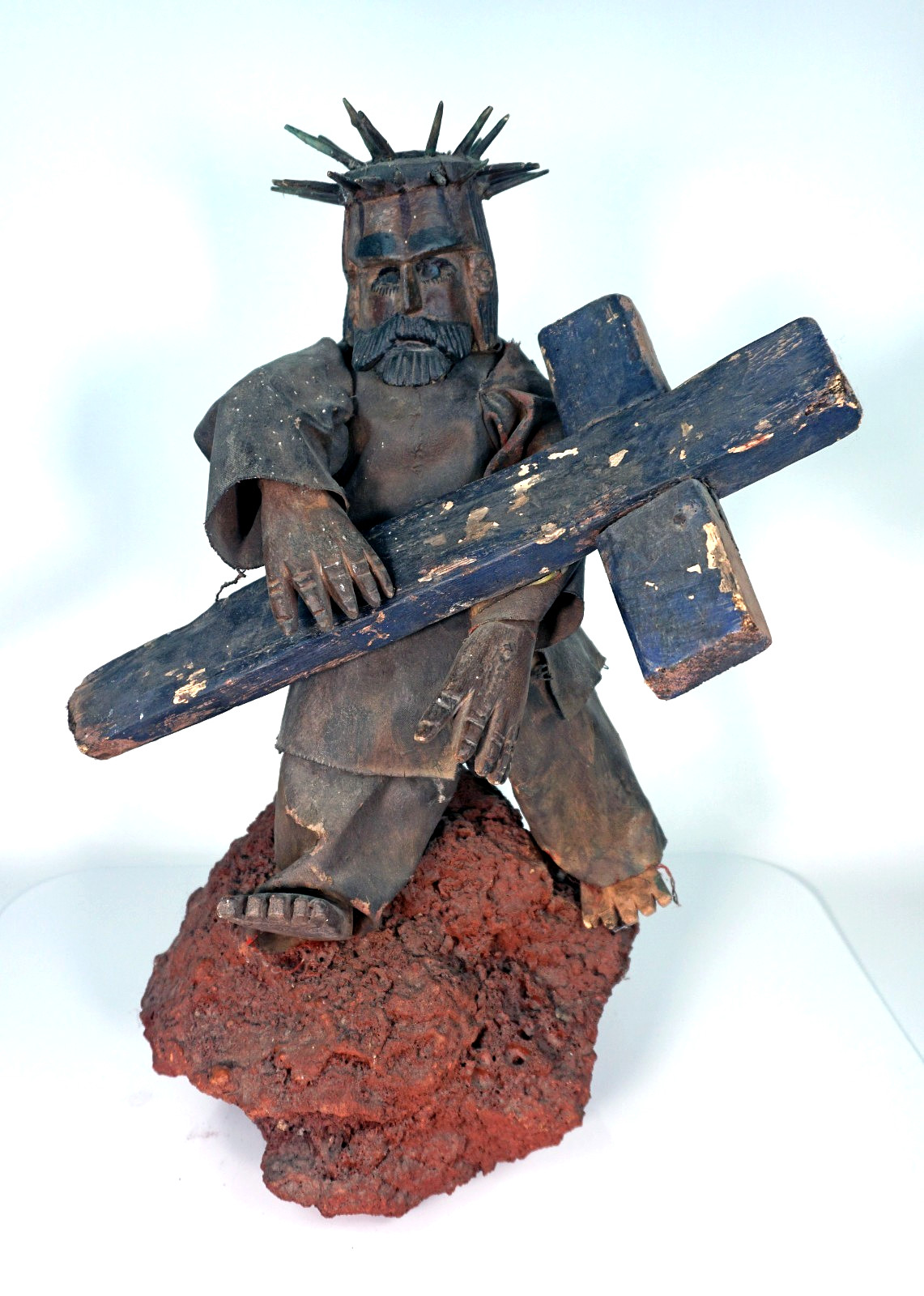 Mid-Century Brutalist Christ Carrying the Cross Sculpture | Papier-Mâché & Wood