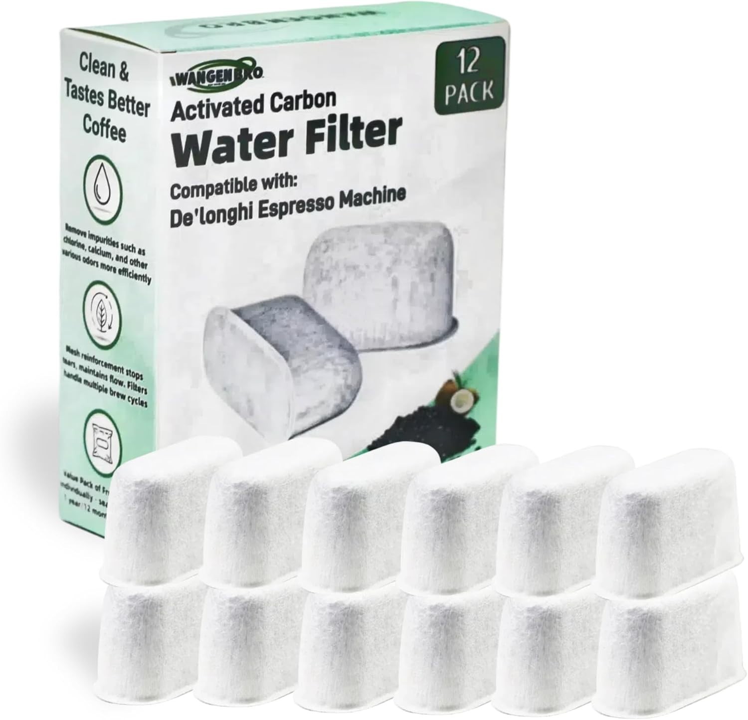 12 Pack Activated Charcoal Water Filter for Delonghi Espresso Machine COM530M, C
