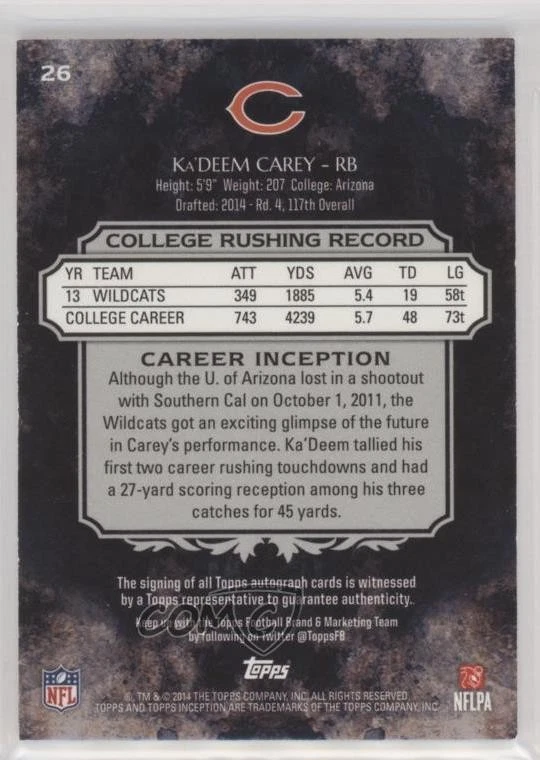 2014 Topps Inception Rookie Auto Ka'Deem Carey #26 Auto RC - Image 2 of 2