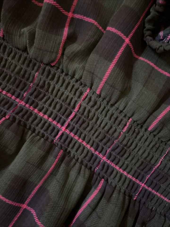 Vestido J Crew Talla XL Tartán Cuadros Verde Rosa Manga Larga Cintura Ajustada Corbata Cuello Foto 4 de 4