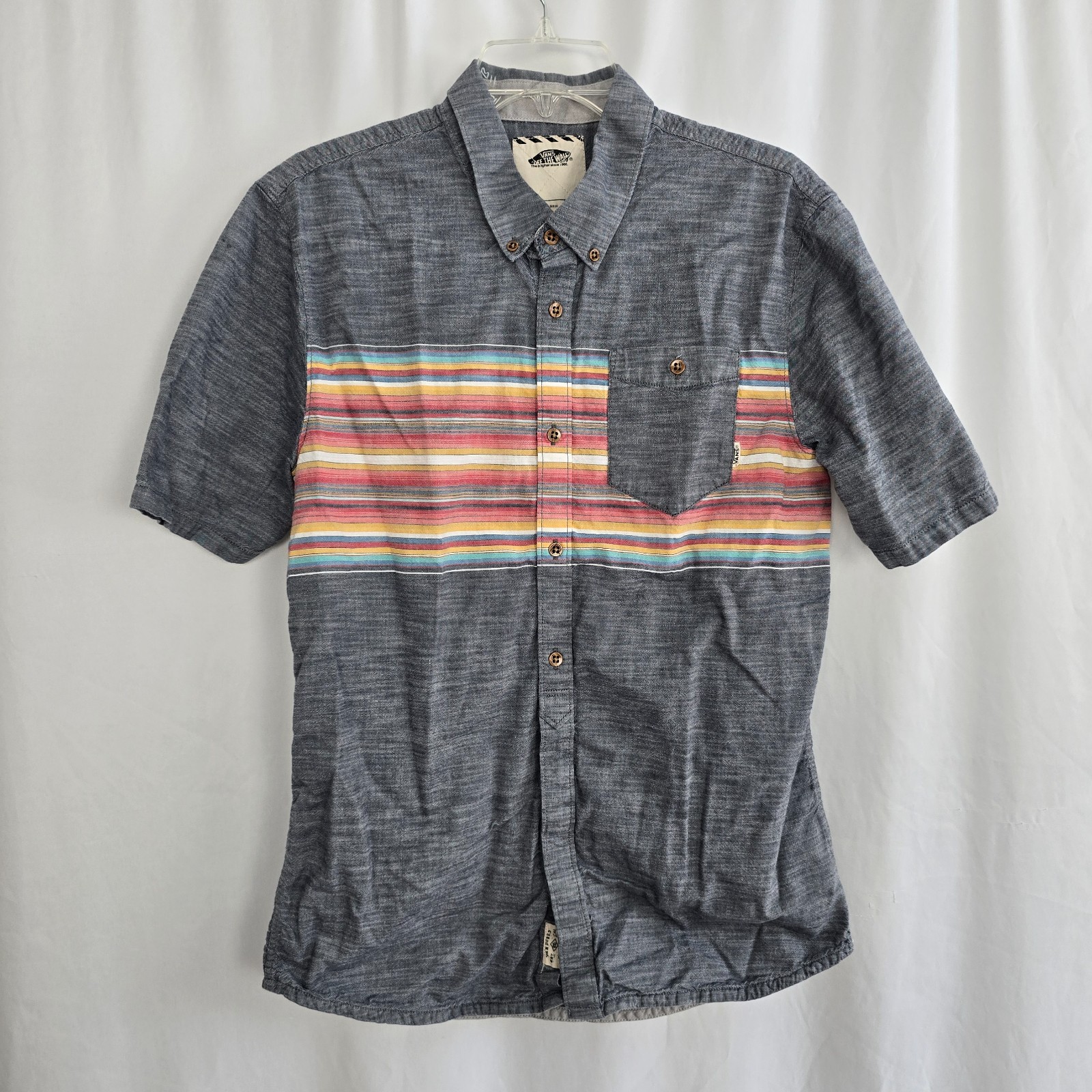Vans Off the Wall Button Down Shirt Men's L Gray Mult Stripe Short Sleeve
