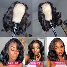 14" Brazilian Bob Wigs Human Hair Natural Black Wave Lace Front Glueless Wigs