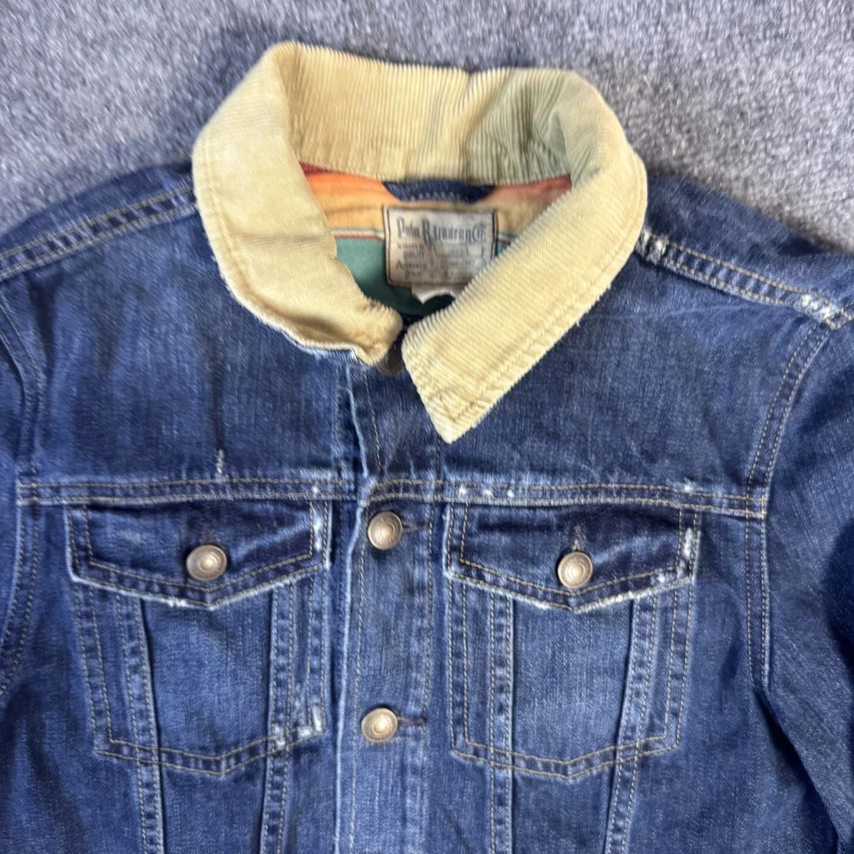 Polo Ralph Lauren Denim Jacket Corduroy Collar Kids Size L Distressed Blue - Image 2 of 4
