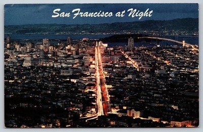 San Francisco at Night Twin Peaks View Bay Bridge Chrome Postcard 1968