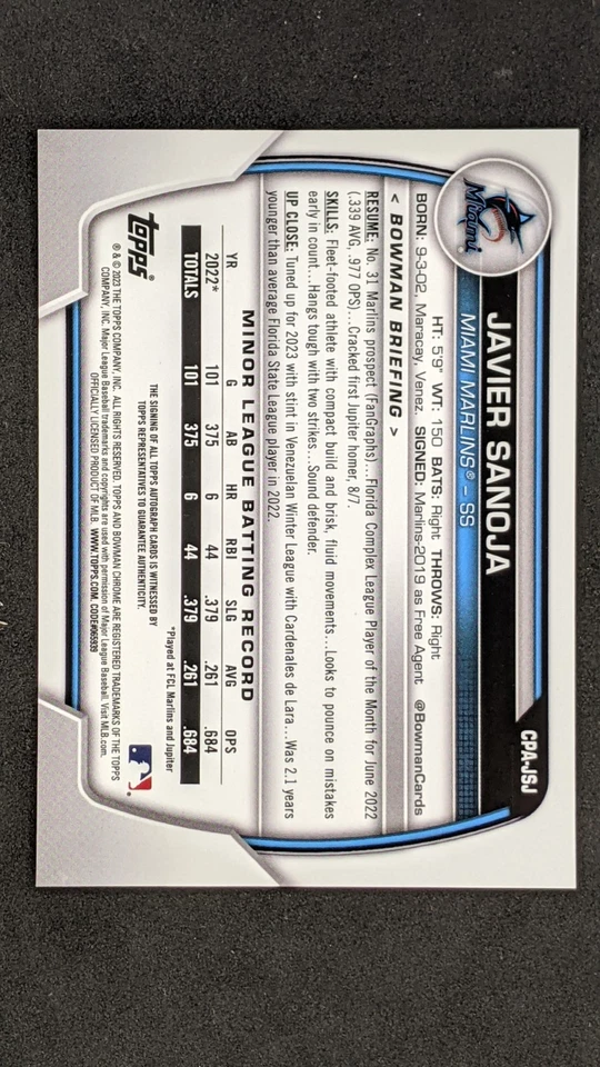 JAVIER SANOJA 2023 1st Bowman Chrome Auto True Gold Refractor /50 Marlins *Pics - Image 2 of 4