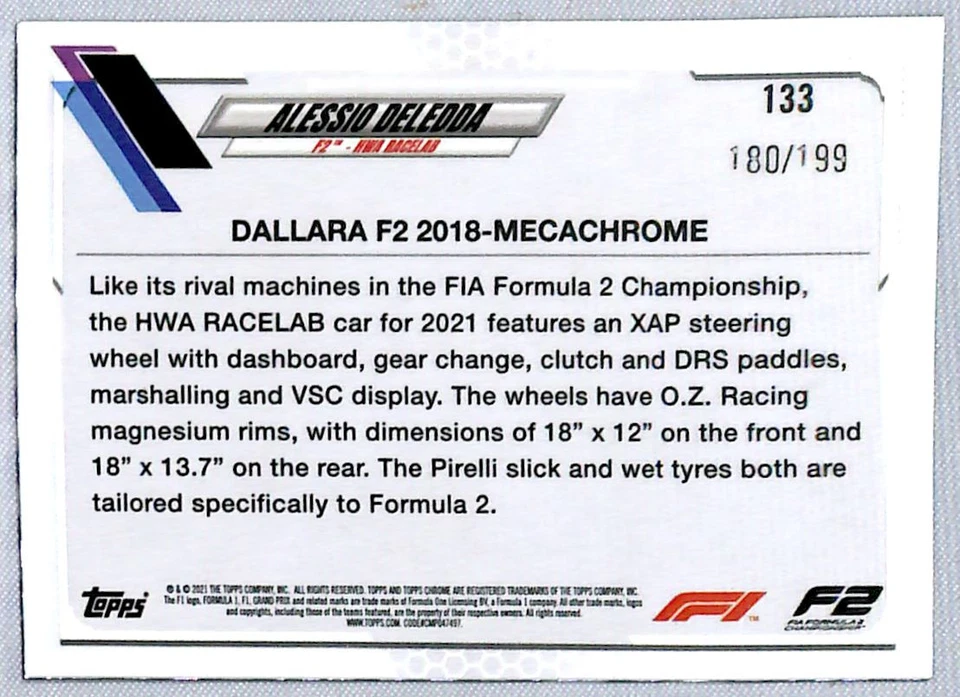2021 Topps Chrome Formula 1 Purple Checker Flag Alessio Deledda /199 #133 BWT - Image 2 of 2