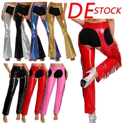 DE Damen Glänzend Chaps Hose Tanzhose Elastische Taille Karneval Mottopart Disco