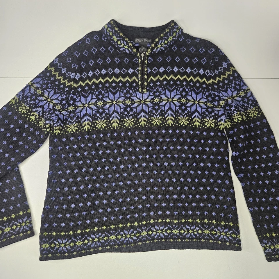 Vtg Nomadic Traders Blue Fair Isle Quarter Zip Ski Sweater Med Holiday Unisex - Image 2 of 4