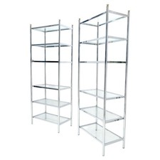 Pair of Italian  81" Tall 6 Glass Shelfs Chrome Etageres w/ Brass Finials MINT
