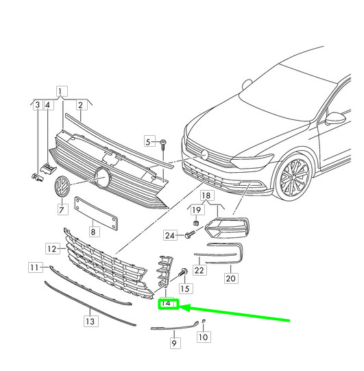 Élément de fermeture de calandre avant gauche pour VW Passat B8 3G 3G08539499B9