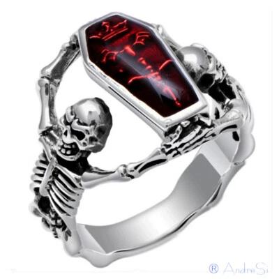 Dracula Ring Vampire Untoten König mit blutrotem Sarg mit Szepter und Skeletten - Bild 1 von 4