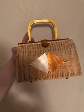 Vintage 1950s 1960s wicker like purse bakelite handles diamond mid century