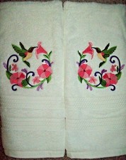 Hummingbird Wreath Bathroom Set HAND TOWELS EMBROIDERED