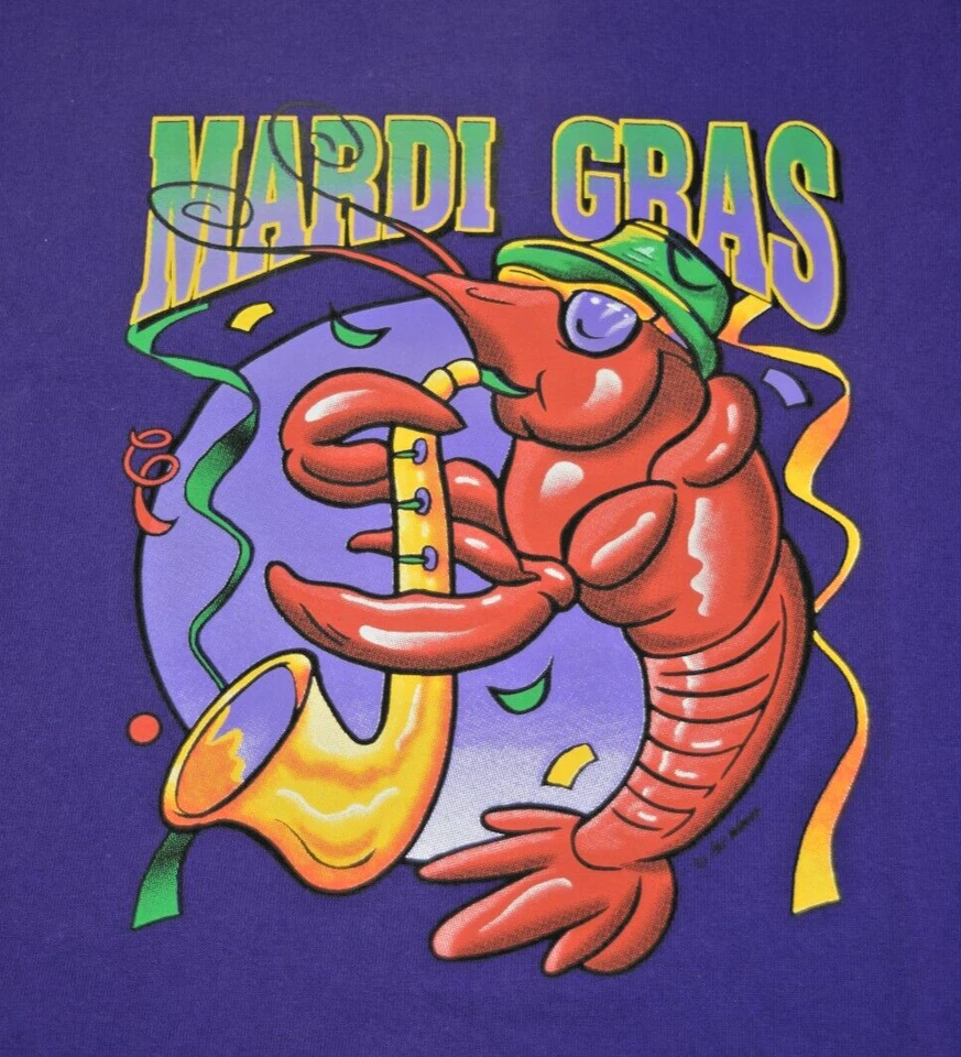 Camiseta Vintage Gildan Púrpura Mardi Gras Talla L Años 90 Camarón Tocando Saxofón Foto 3 de 4