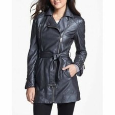 Women's Zip-up Long Asymmetrical Belted Grey Leather Coat