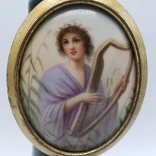 Antique Hand Painted Over Porcelain Plaque Wall Hanging Lady with Harp Brass 4"