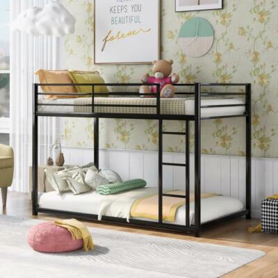 Twin over Twin Low Bunk Bed with Guardrail for Kids Teens Dorm Bedroom Black